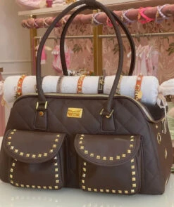 Designer Dog Travel Carrier - Chocolate With Gold Studs